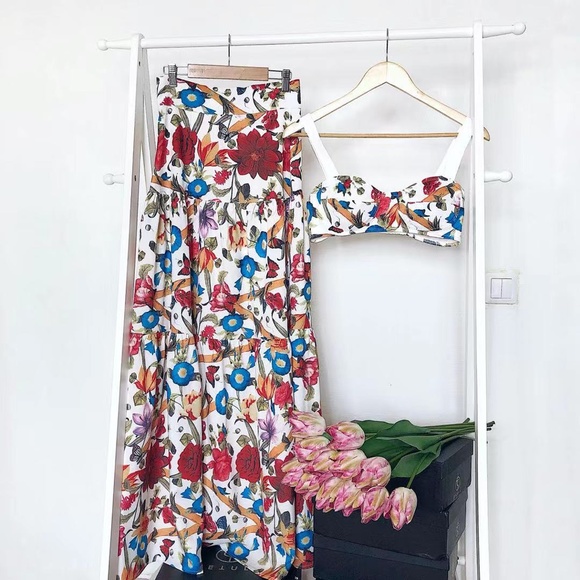 Boho Floral Print Crop Top Maxi Ruffle Skirt Set - Picture 8 of 10